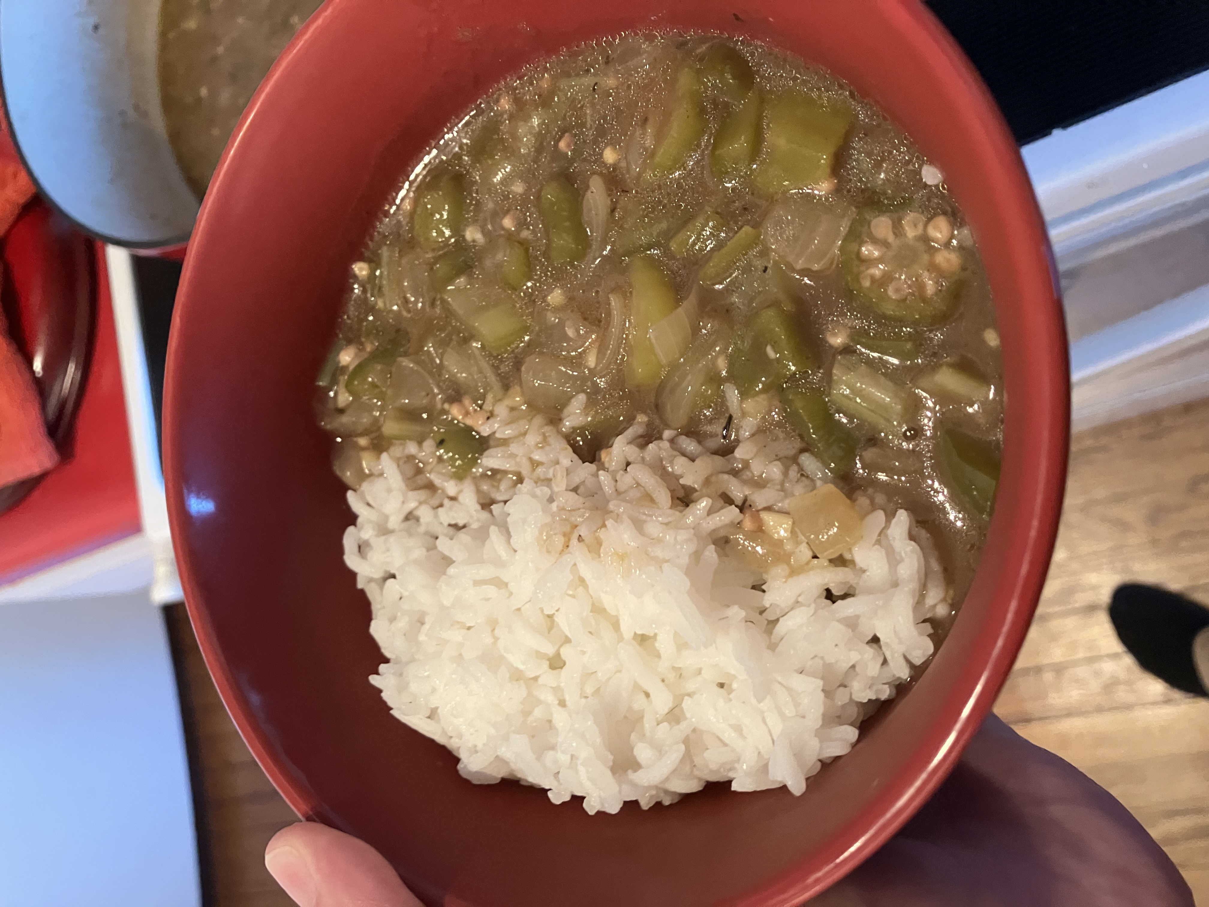 a bowl half filled with rice and half filled with gumbo